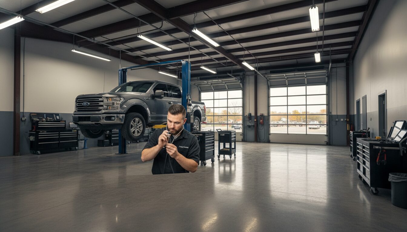 A technician in a clean black work shirt with a factory scan tool plugged into a vehicle's OBD-II port reviewing live data
