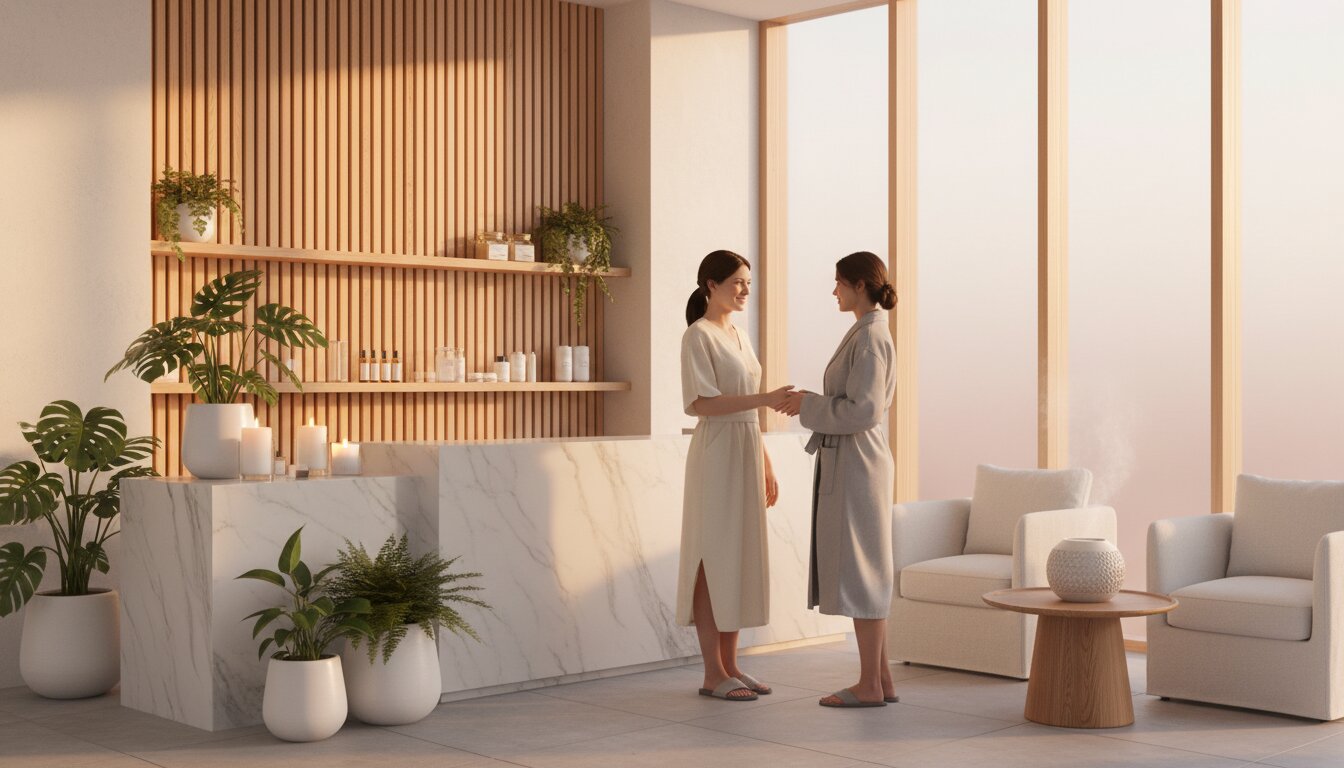 Tranquil modern spa reception area with soft natural light, plants, and a relaxed staff member greeting a guest