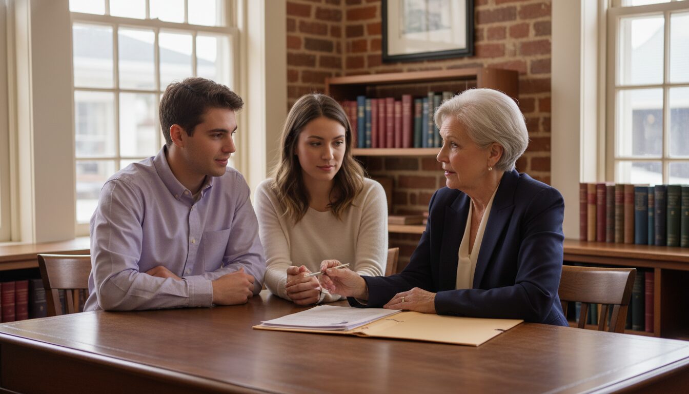 A senior insurance agent in a navy blazer reviewing a policy across a wooden desk with a young couple in a small Main Street office